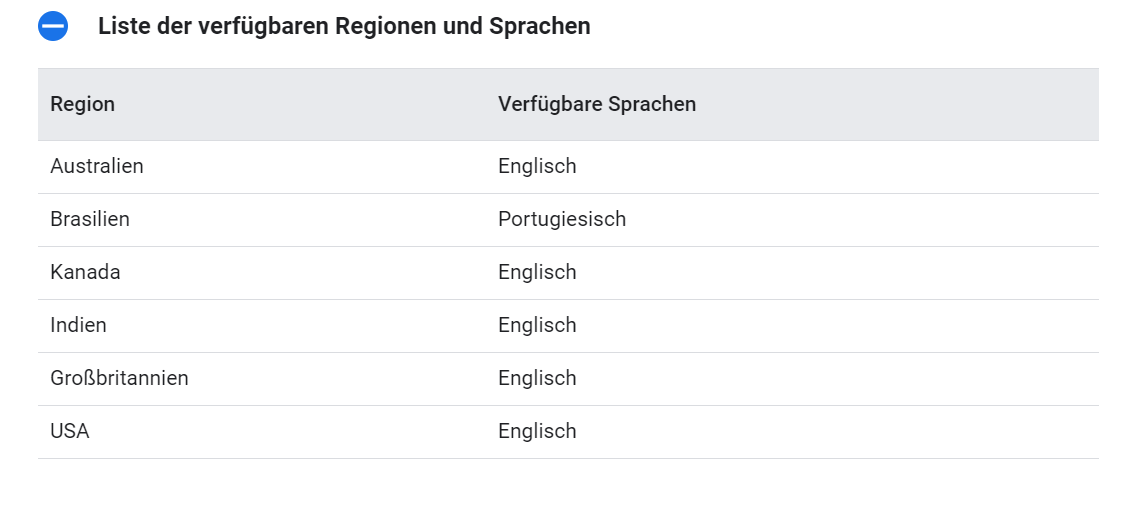 Google Events: verfügbare Regionen und Länder