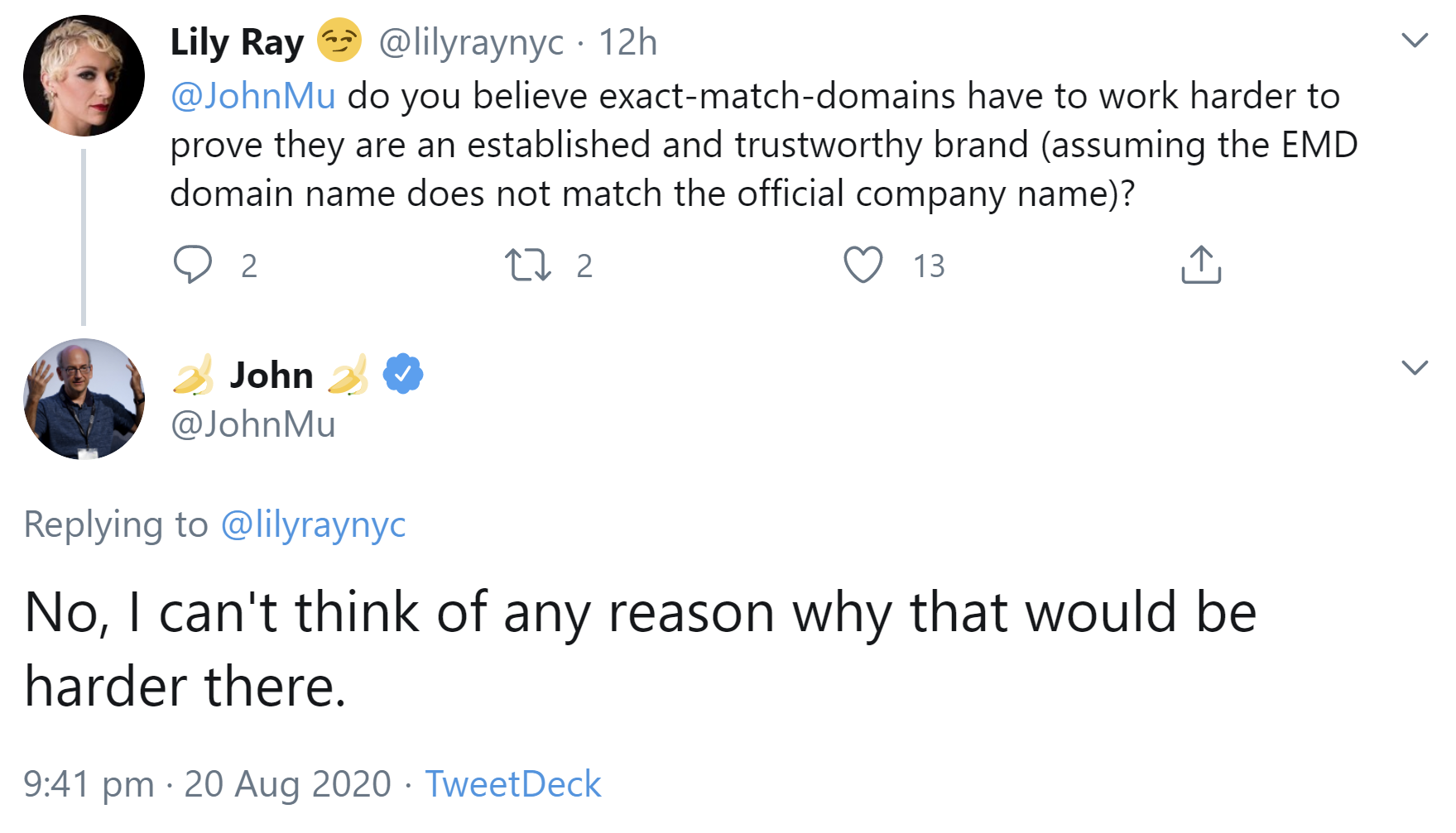 Google: Exact Match Domains haben es nicht schwerer im Hinblick auf Bekanntheit und Vertrauenswürdigkeit von Marken