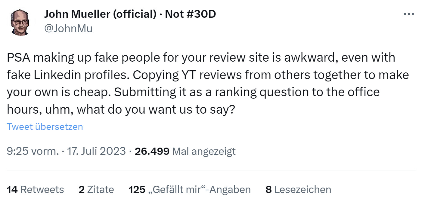 Google: Fake-Profile und kopierte Reviews sind keine gute Idee - John Müller auf Twitter