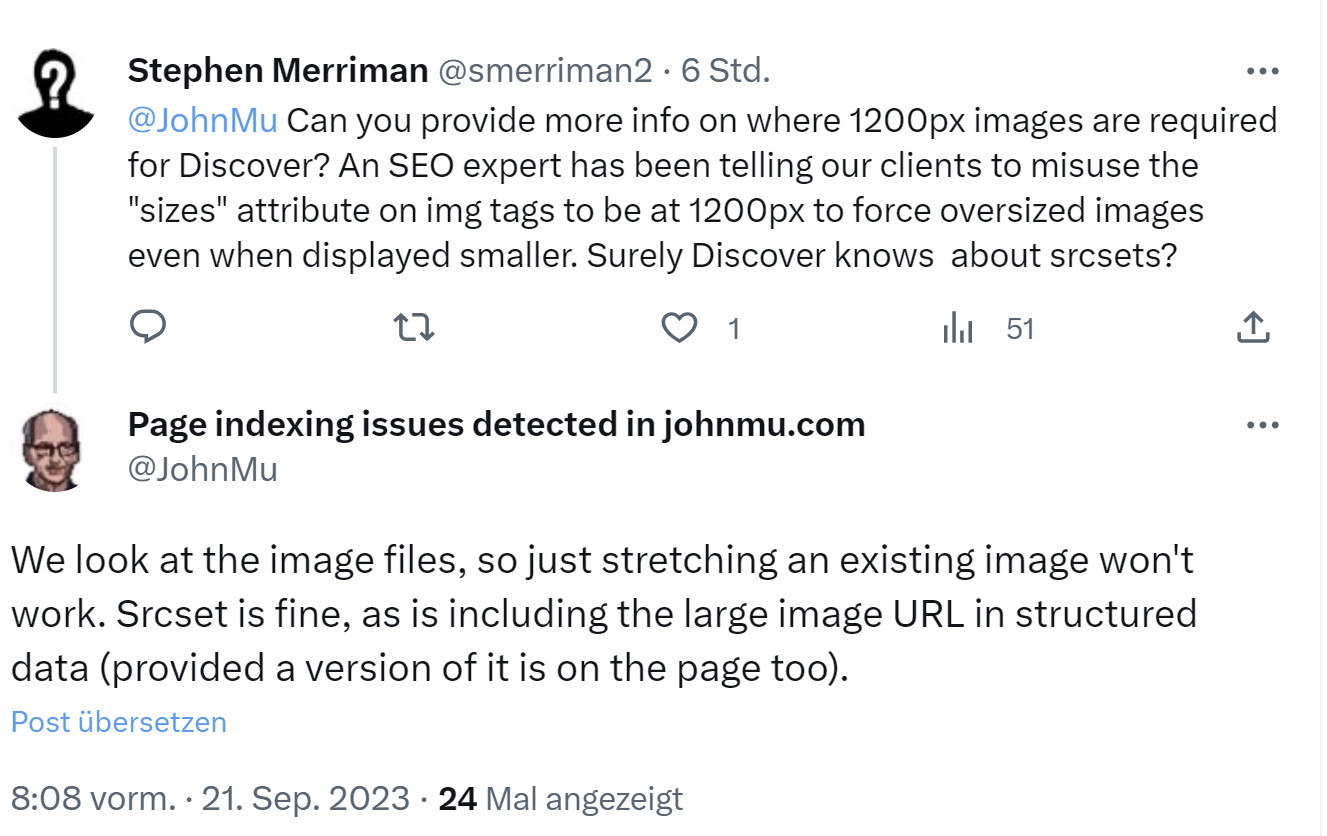 Google: Falsche Größenangaben für Bilder im HTML bringen nichts für Google Discover