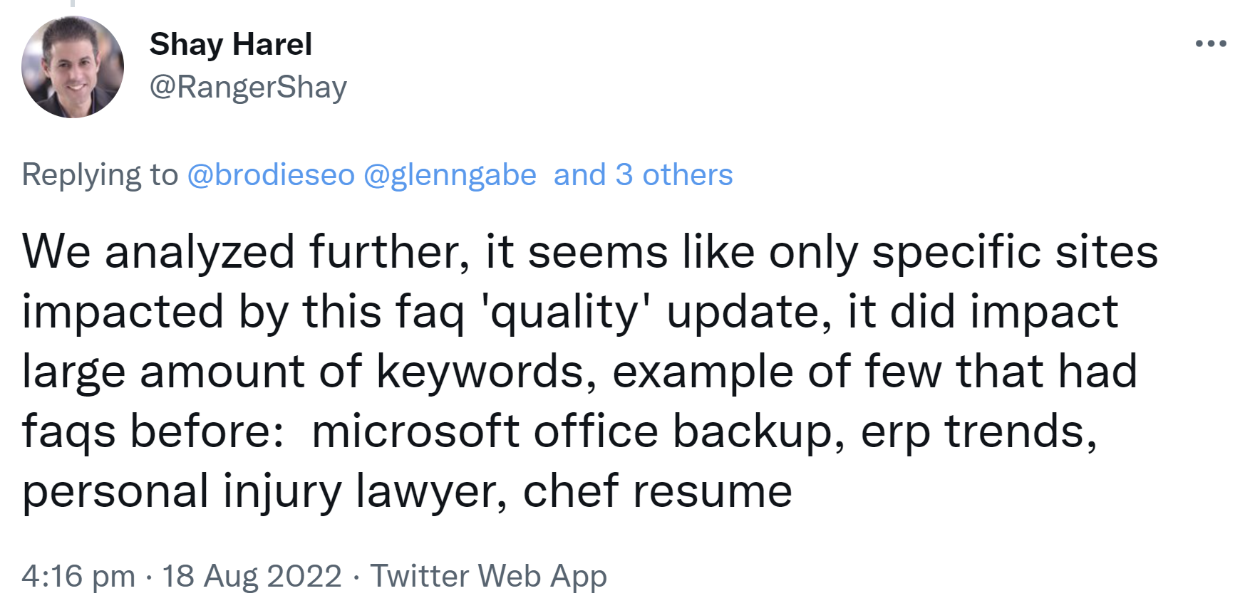 Google FAQ Quality Update? Shay Harel von RankRanger auf Twitter