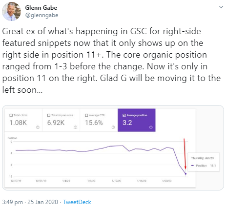 Google: Bei Featured Snippets am rechten Rand der Suchergebnisse kann es zu einer Verschlechterung der durchschnittlichen Position in der Google Search Console kommen.