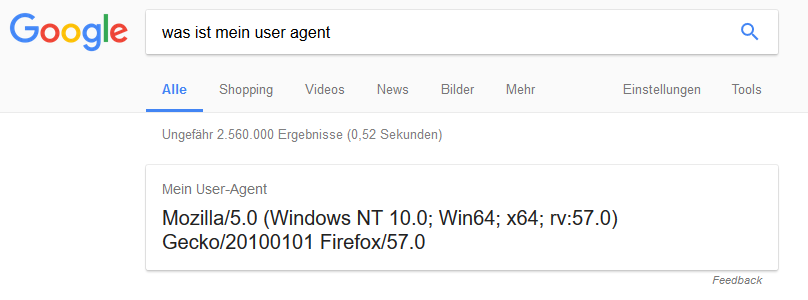 Google: User Agent Sttring auf SERP (mit Firefox)