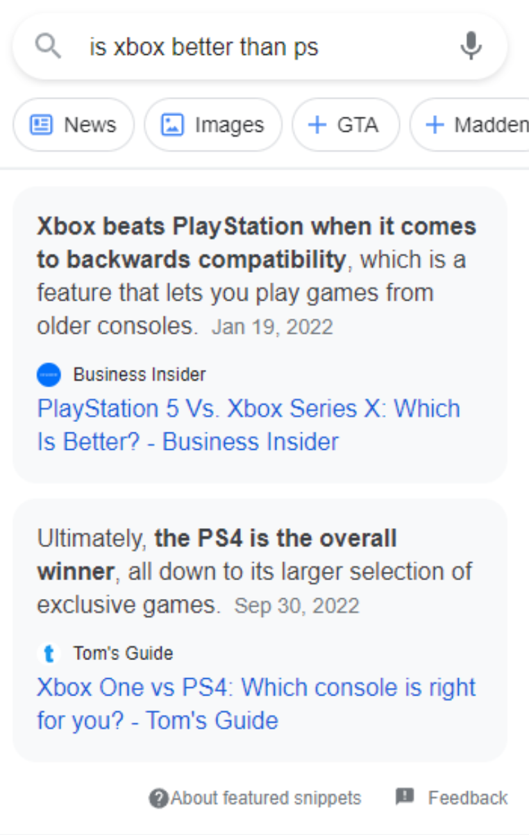 Google: Featured Snippet mit verschiedenen Quellen