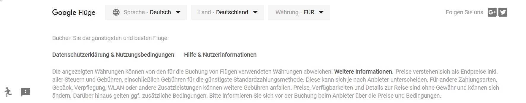 Google Flüge ohne Footer-Links
