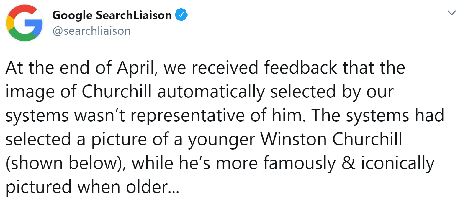 Google: Feedback erhalten, dass Foto von Churchhill in Knowledge Panel nicht repräsentativ gewesen sei