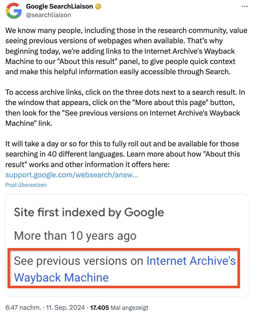 Google fügt Link auf Internet Archive zu 'About this result' hinzu