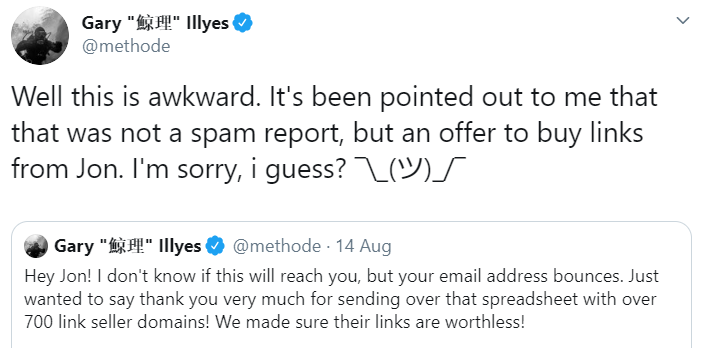 Gary Illyes von Google bedankt sich für Nennung bezahlter Links