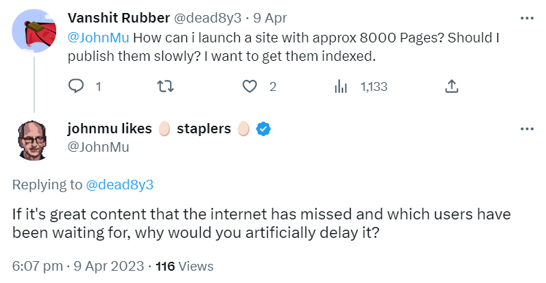 Google: kein Problem, viele neue Seiten auf einmal zu veröffentlichen, wenn die Qualität der Inhalte stimmt