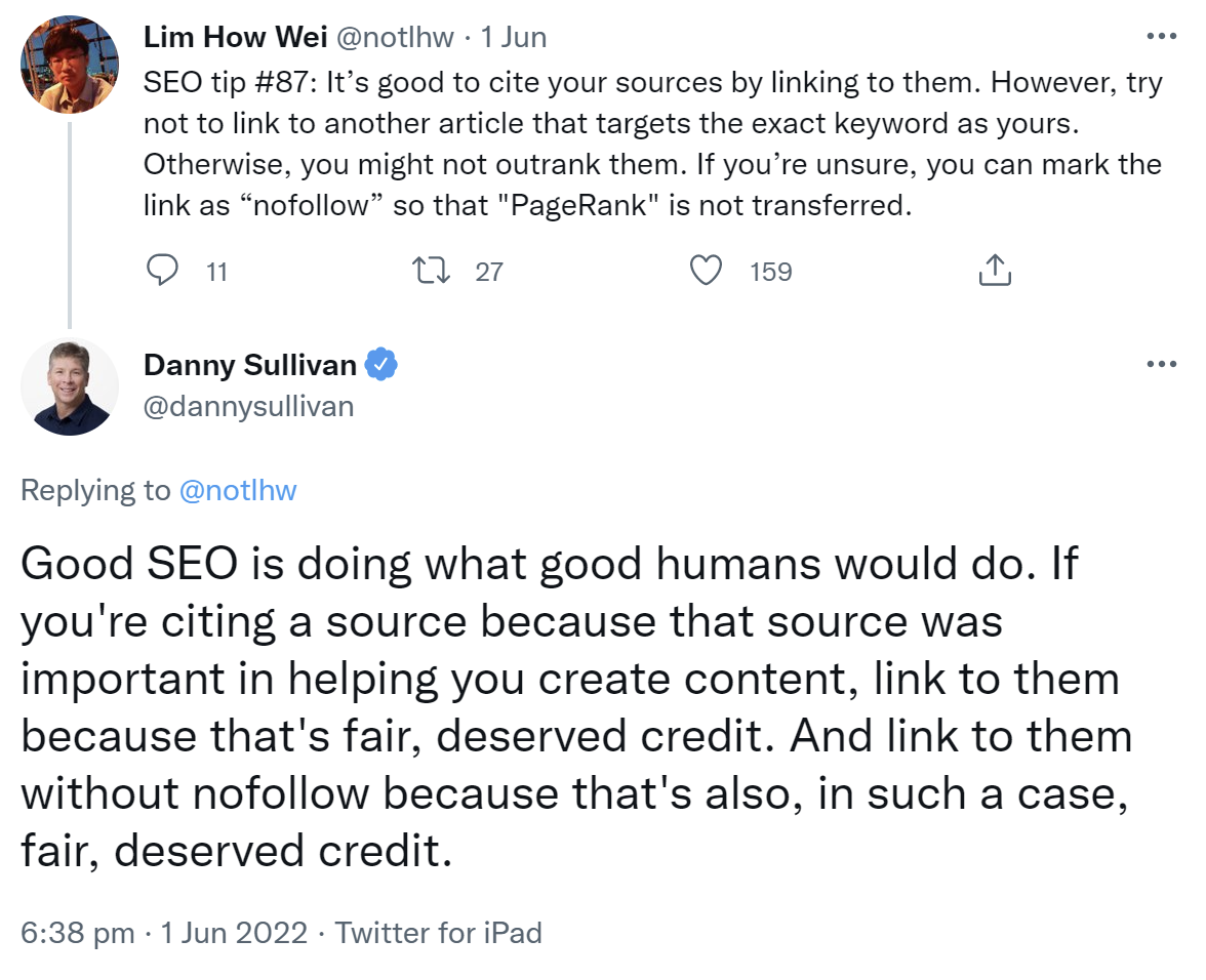 Google: 'Gute SEO-Praxis ist, was gute Menschen tun'. Links auf zitierte Quellen sollten ohne 'nofollow' gesetzt werden