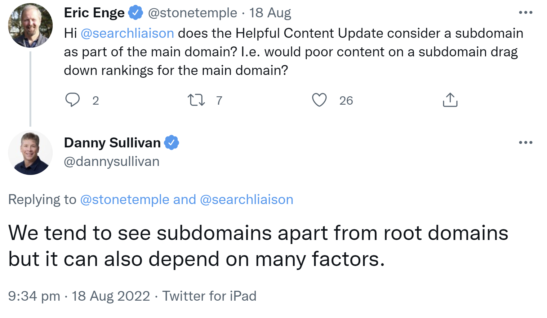 Google: 'Wir tendieren dazu, Inhalte auf Subdomains separat zu behandeln.'