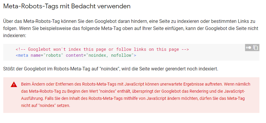 Google: Warnhinweis im Zusammenhang mit 'noindex' und JavaScript