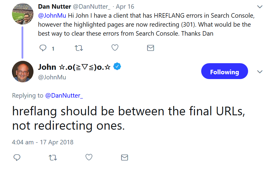 Google: Hreflang darf nicht auf weitergeleitete URL zeigen
