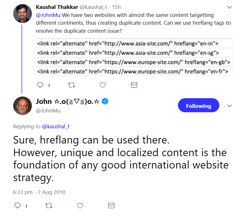 Google: hreflang und Duplicate Content