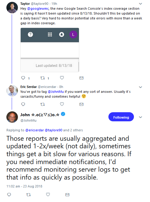 Google: Bericht zur Indexabdeckung nur ein- bis zweimal pro Woche aktualisiert