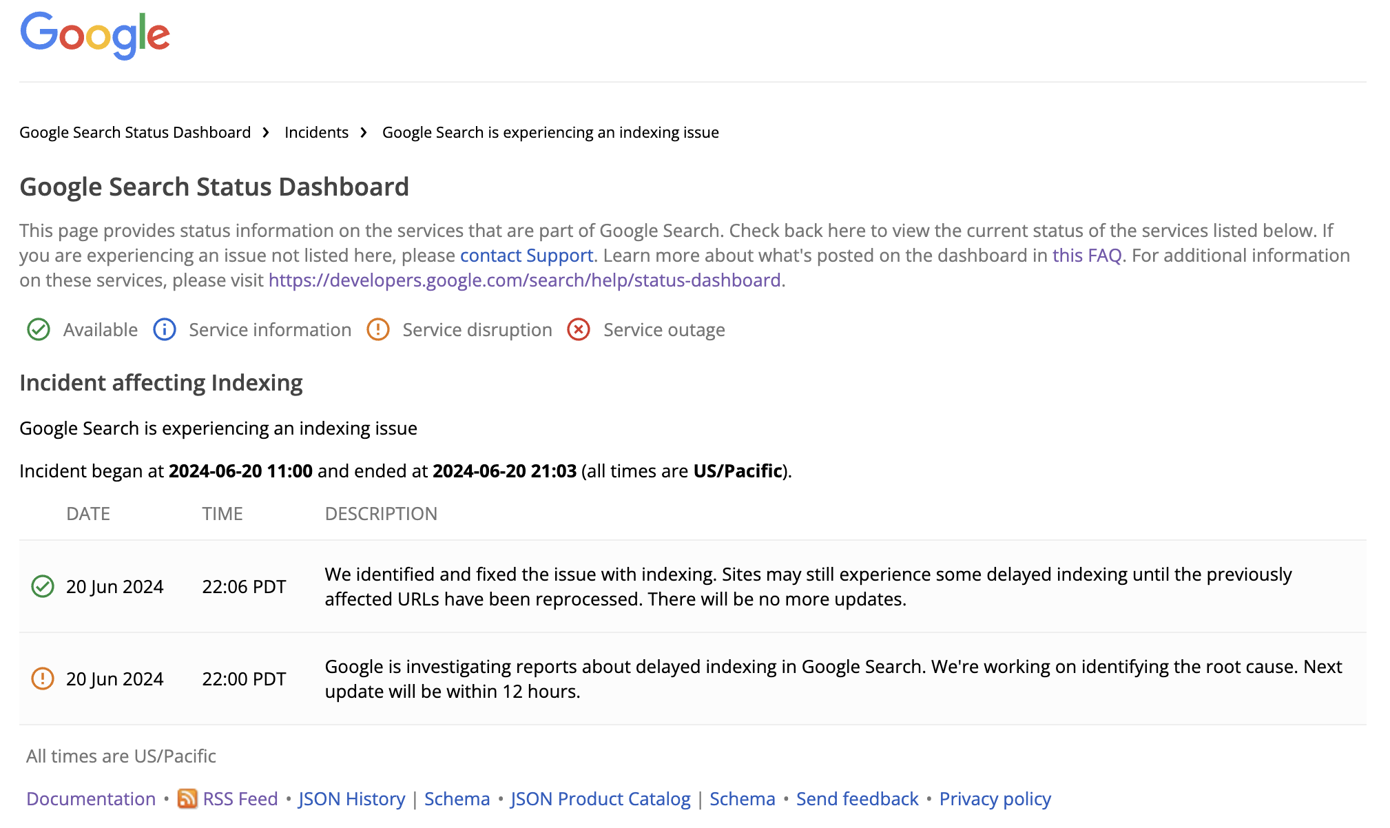 Google Indexierungsprobleme: Google Search Status Dashboard vom 22.06.2024