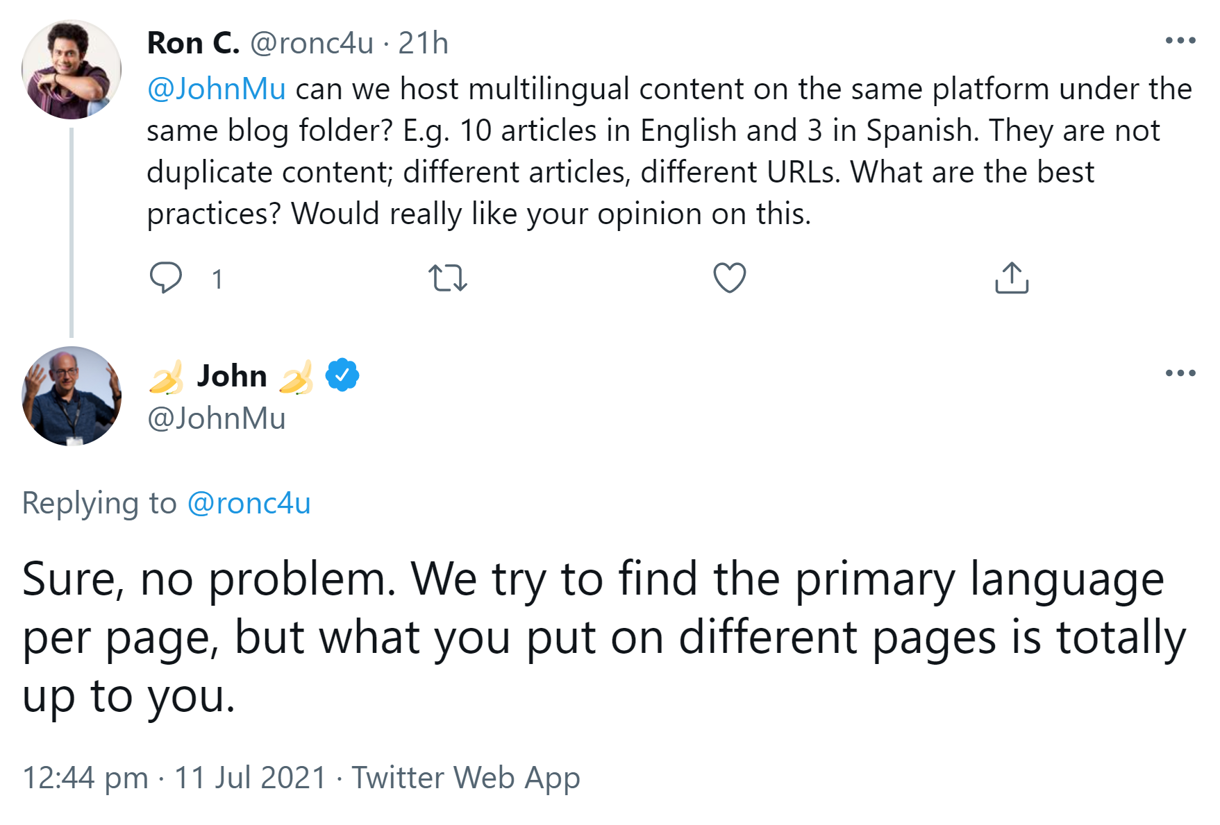 Google: Das Mischen von Inhalten verschiedener Sprachen in einem Verzeichnis ist in Ordnung
