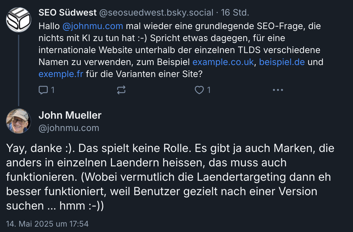Google: Unterschiedliche Domain-Namen für verschiedene Länderversionen einer Website sind ok - John Müller auf Bluesky