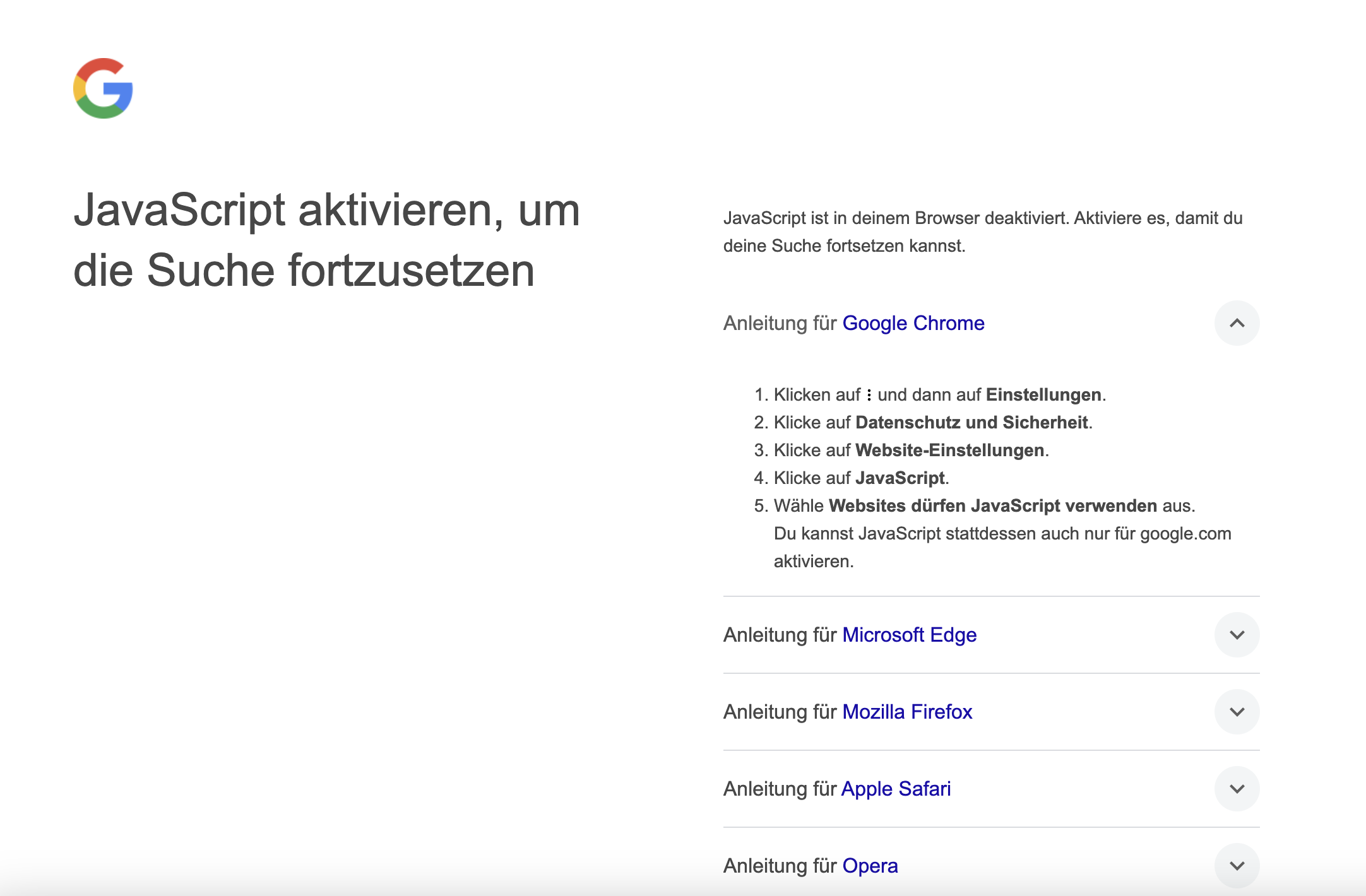 Google-Hinweis: Suche funktioniert nur mit JavaScript