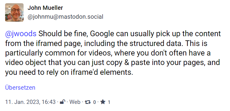 Google kann strukturierte Daten aus iFrames auslesen: John Müller auf Mastodon