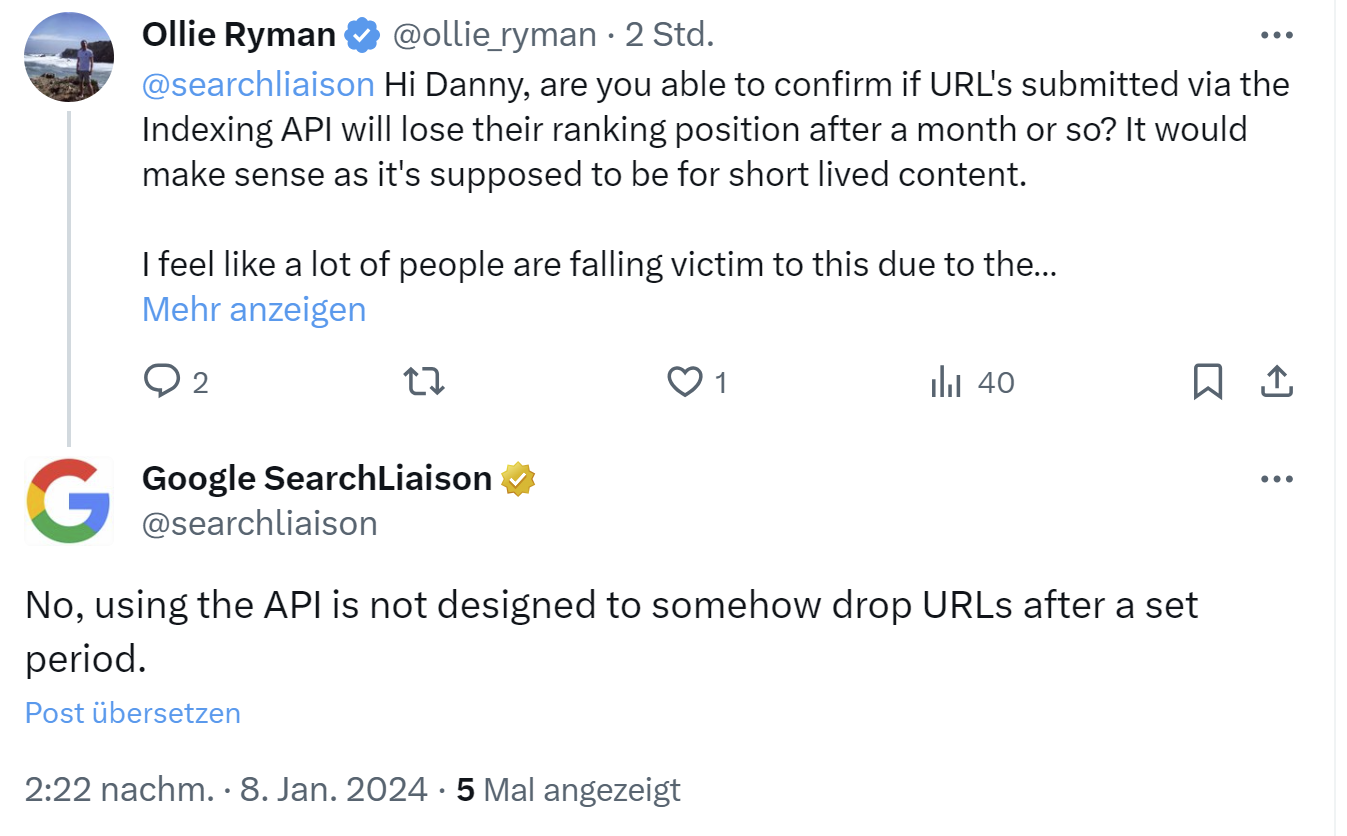 Google: kein automatischer Verlust der Rankings für Inhalte nach bestimmter Zeit, die per Google Indexing API eingereicht wurden