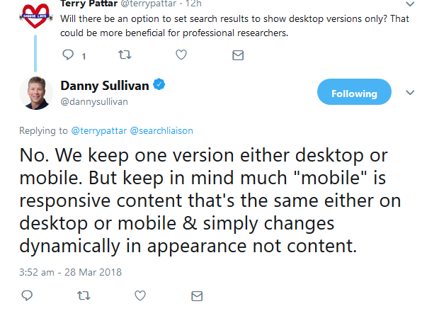 Google: kein Filter für die Suche nach Desktop- oder mobilen Seiten in Mobile First