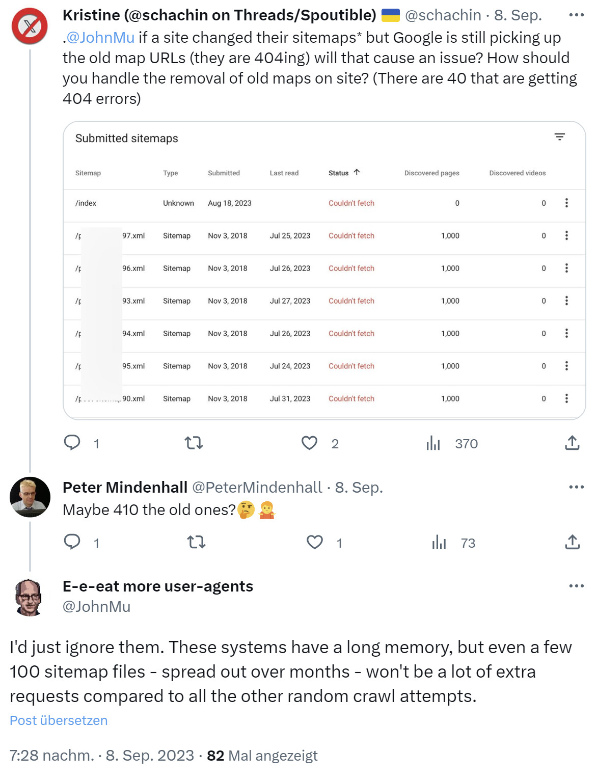 Google: kein Problem, wenn Google versucht, alte, nicht mehr verfügbare Sitemaps abzurufen