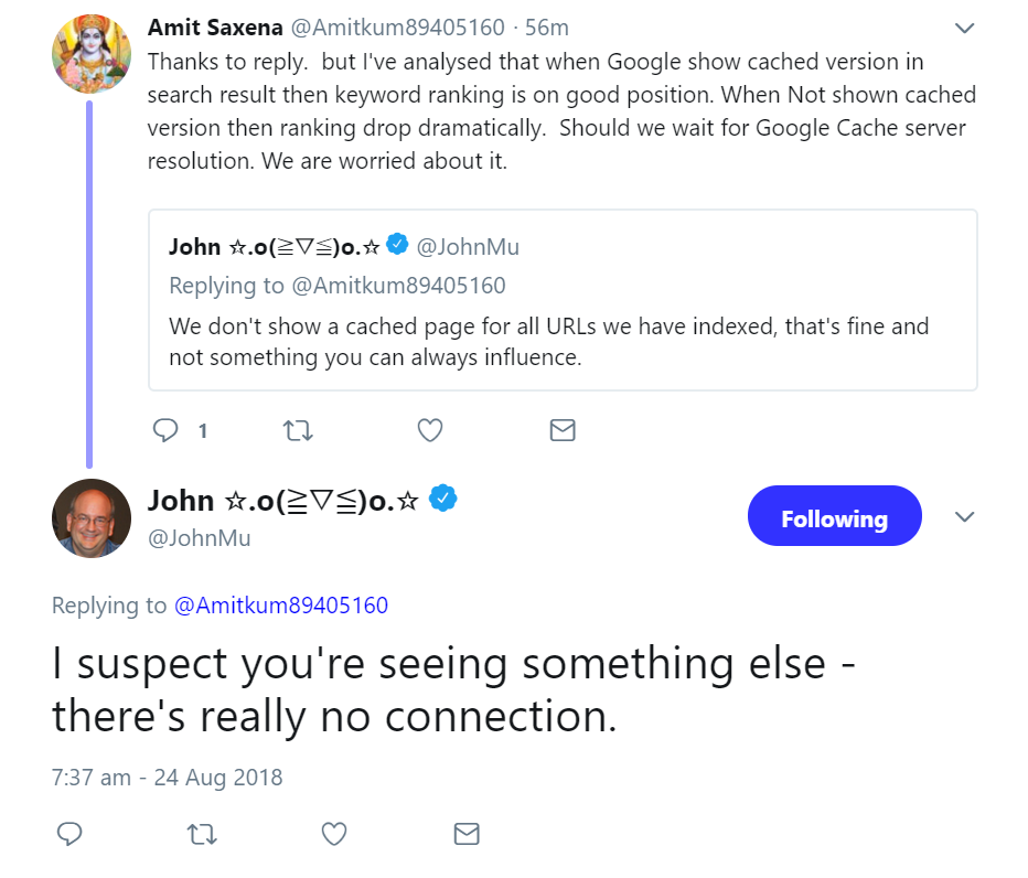 Google: kein Zusammenhang zwischen Cache-Option und den Rankings