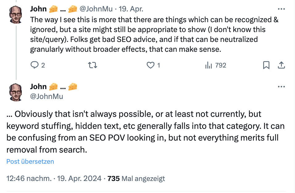 Google: Keyword Stuffing und Hidden Text müssen nicht zum Entfernen einer Seite aus der Suche führen