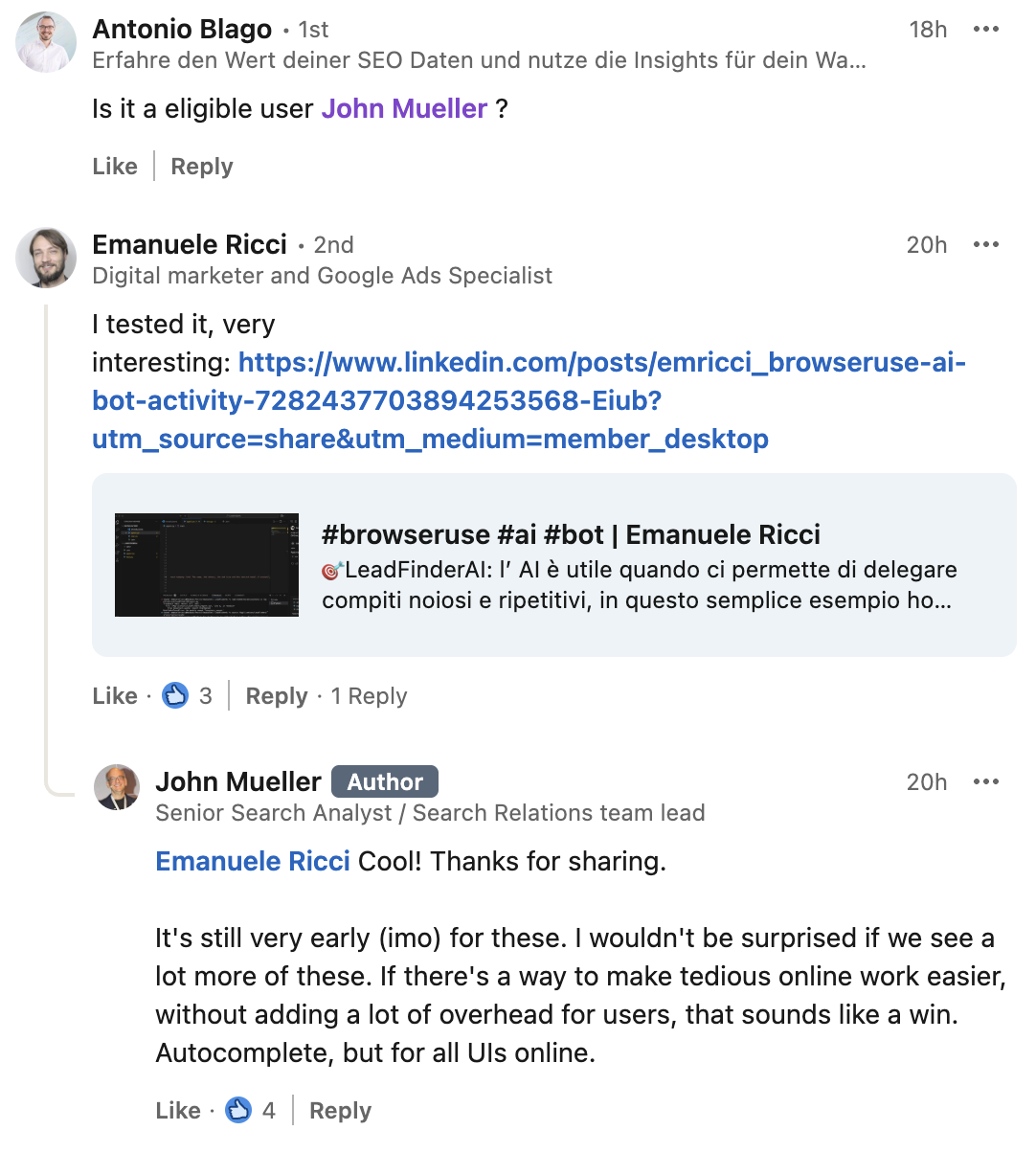 Google: KI-Agenten für Browser können ein Gewinn sein - John Müller auf LinkedIn