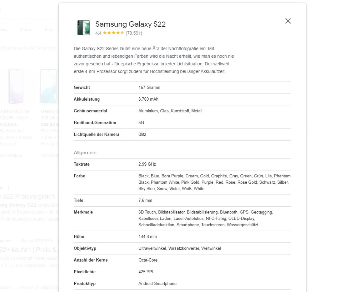 Google: Knowledge Panel mit technischen Produktdaten