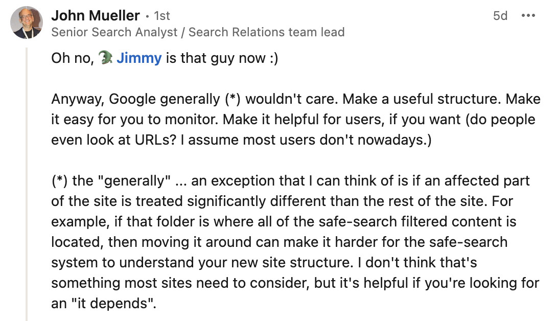 Google kümmert sich normalerweise nicht um die URL-Struktur - John Müller auf LinkedIn