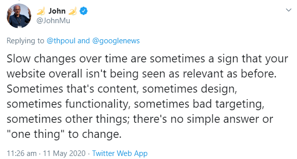Google: Eine langsame Verschlechterung der Rankings deutet auf eine gesunkene Relevanz hin