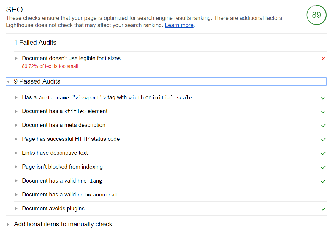 Google: beispielhaftes Ergebnis des SEO-Checks mit Lighthouse