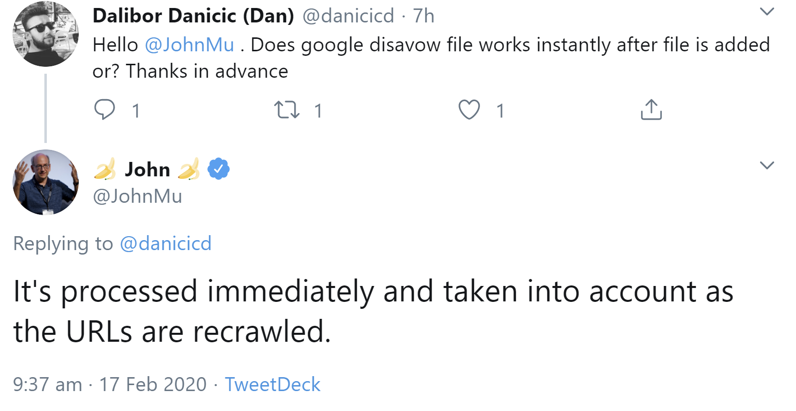 Google: Backlinks aus Disavow werden erst abgewertet, wenn die URLs erneut gecrawlt wurden