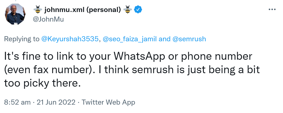 Google: Links zu WhatsApp, Telefonnummern und Faxnummern sind ok