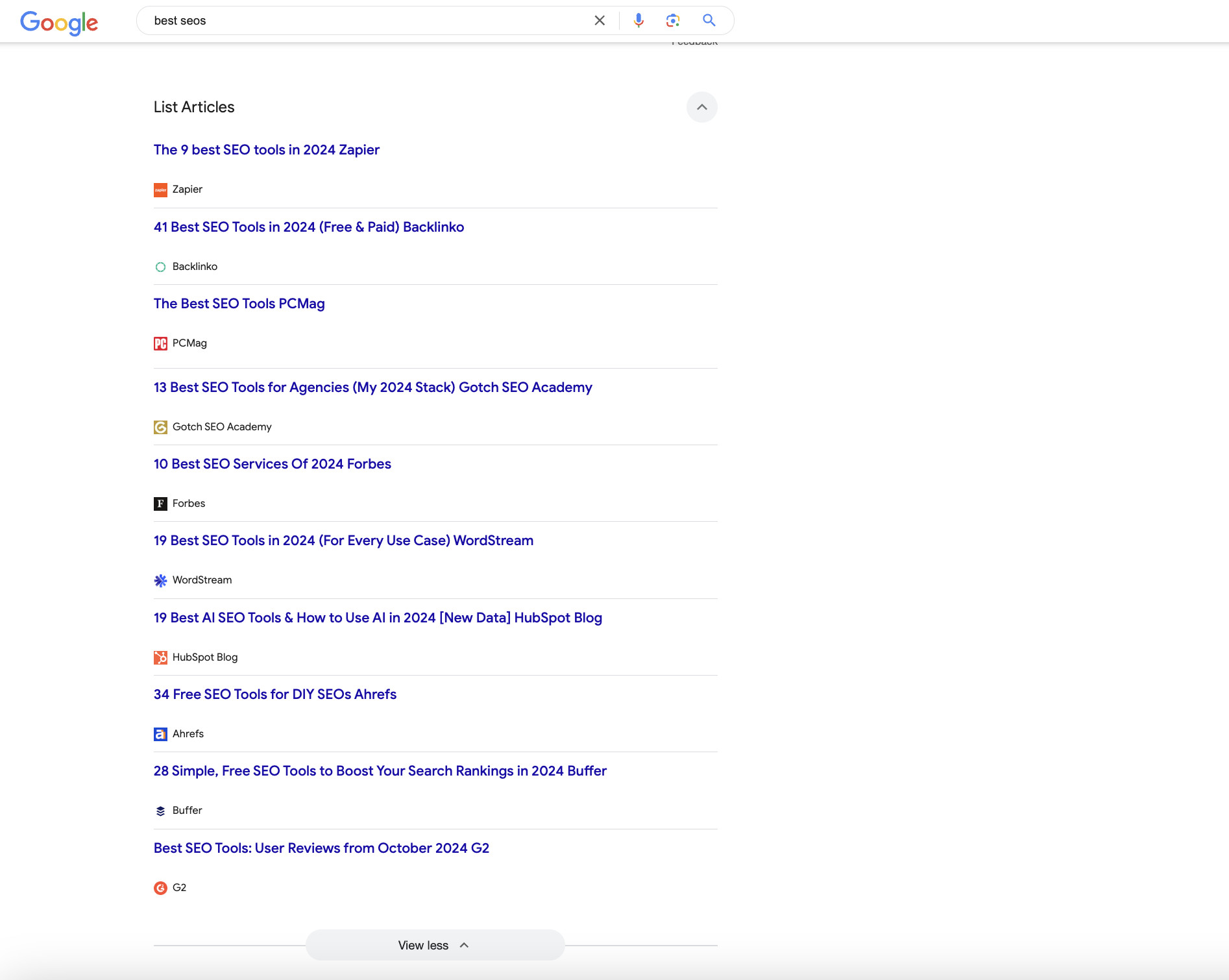 Google List Articles aufgeklappt