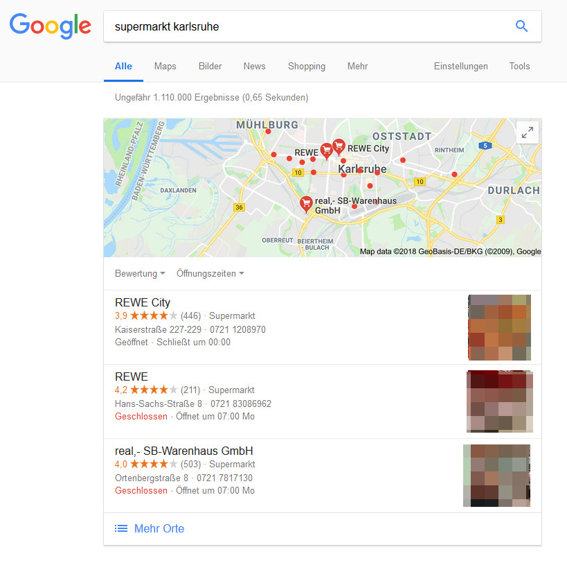 Google Local Pack mit typischem 2:1-Cluster