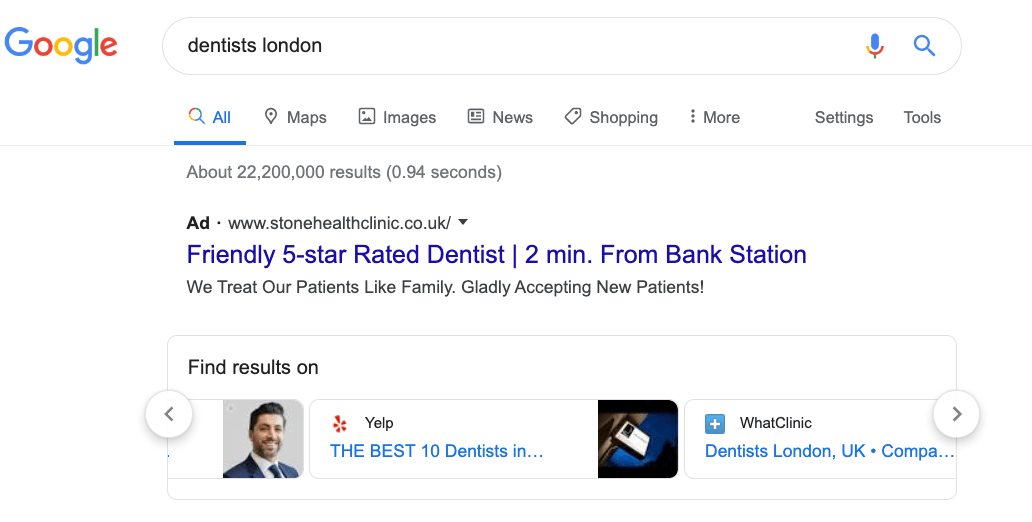 Google: lokale SERP mit Verzeichnissen in einem Karussell