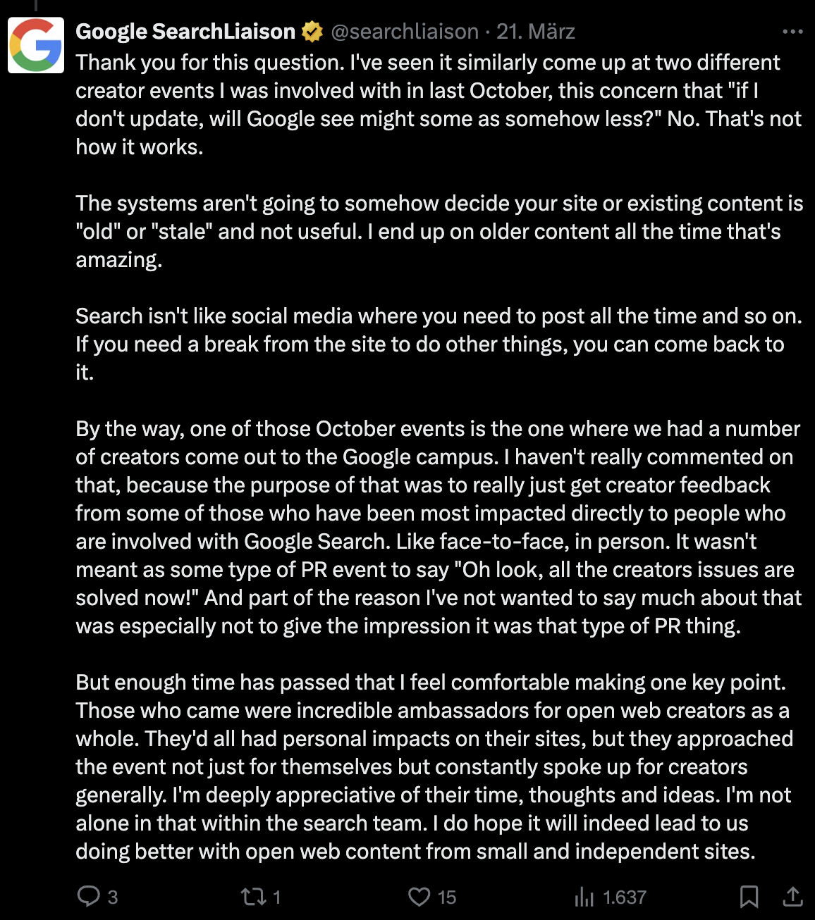 Google: Man muss auf einer Website nicht die ganze Zeit posten