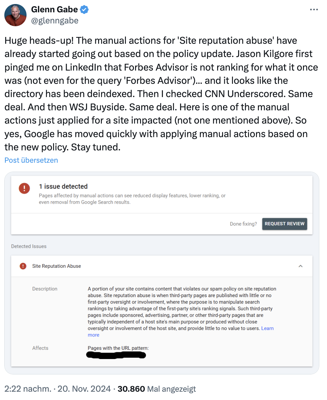Google: manuelle Maßnahmen wegen Site Reputation Abuse - Glenn Gabe auf Twitter