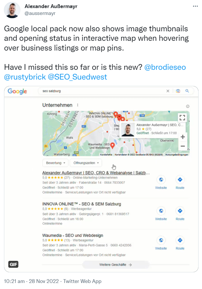 Alexander Außermayr auf Twitter: Local Pack mit Image Thumbnails und Öffnungsstatus