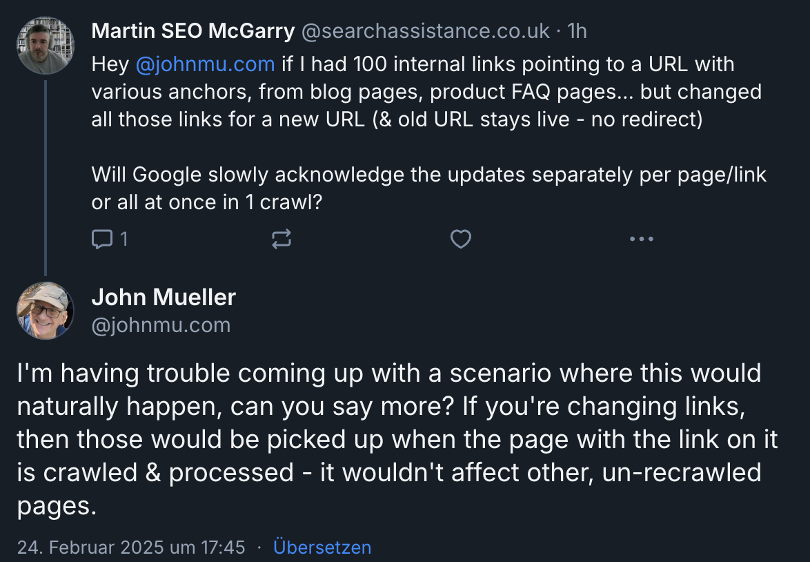 Google verarbeitet angepasste interne Links Seite für Seite und nicht alle auf einmal