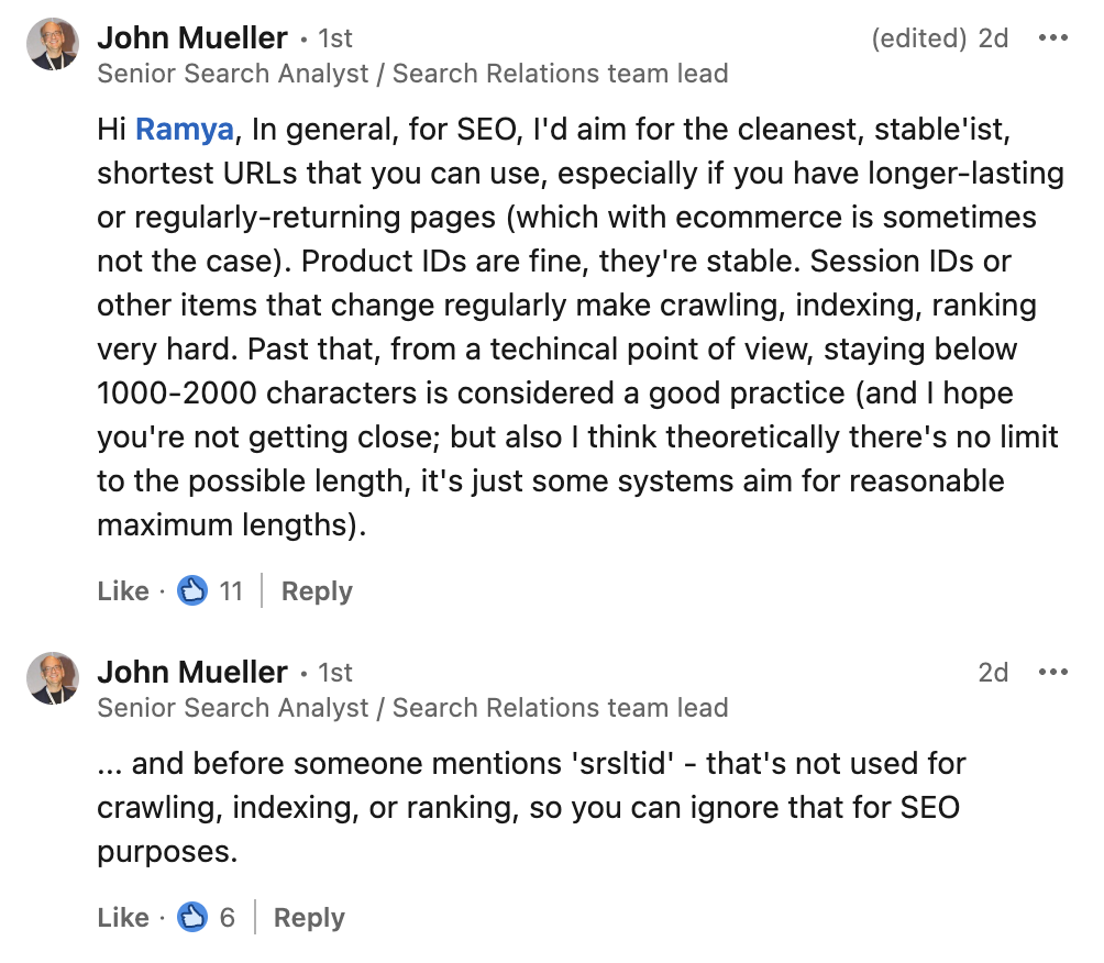 Google: möglichst kurz und stabile URLs verwenden - John Müller auf LinkedIn