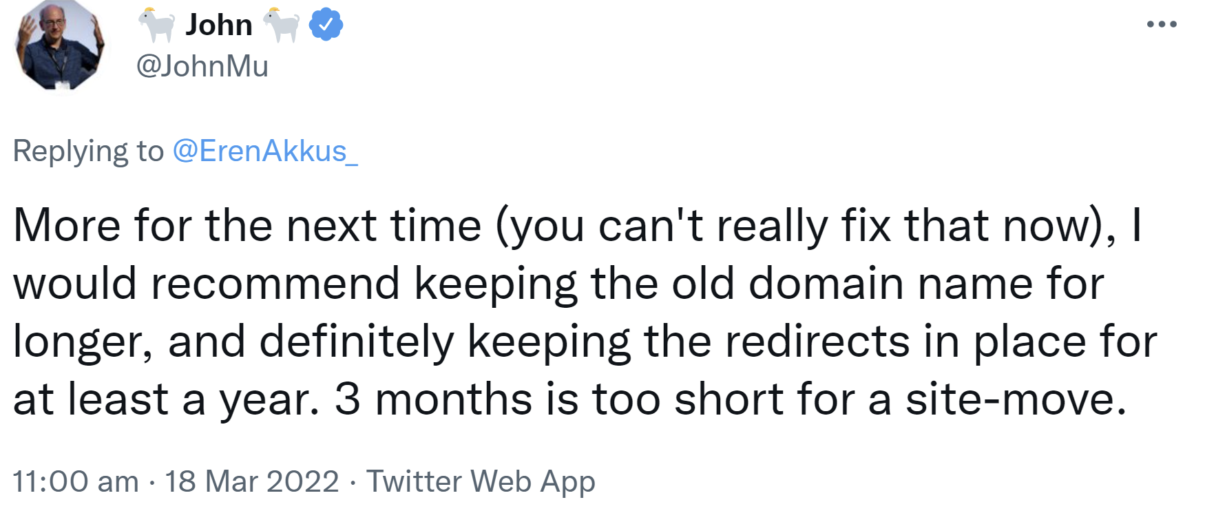 Google: Nach Domainwechsel alte Domain und Redirects mindestens 12 Monate beibehalten