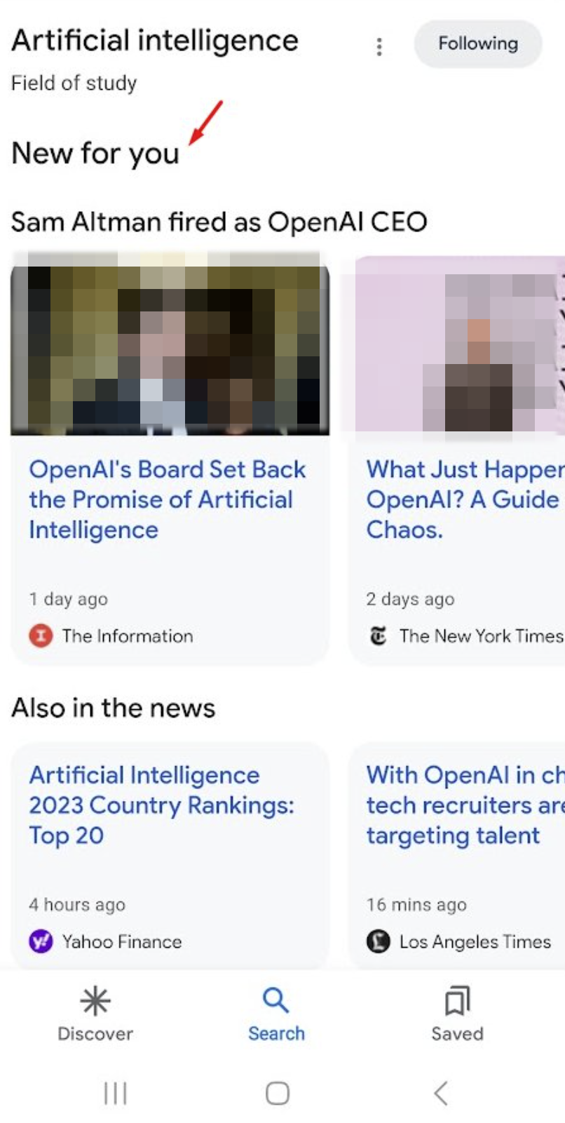 Googlw: 'New for you' nach Klick auf 'Follow'-Suchebox in Discover