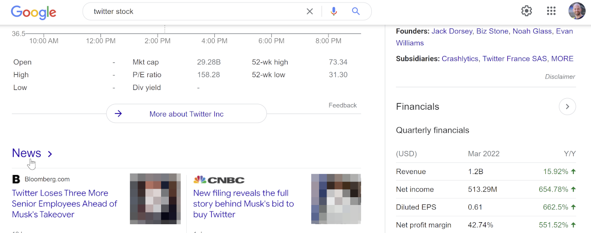 Google Suchuergebnisseite mit klickbarer und verlinkter 'News'-Überschrift