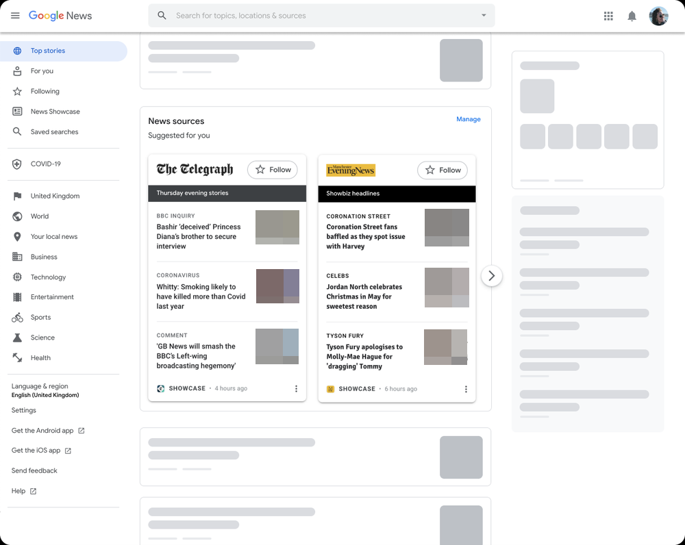 Google News Showcase auf dem Desktop