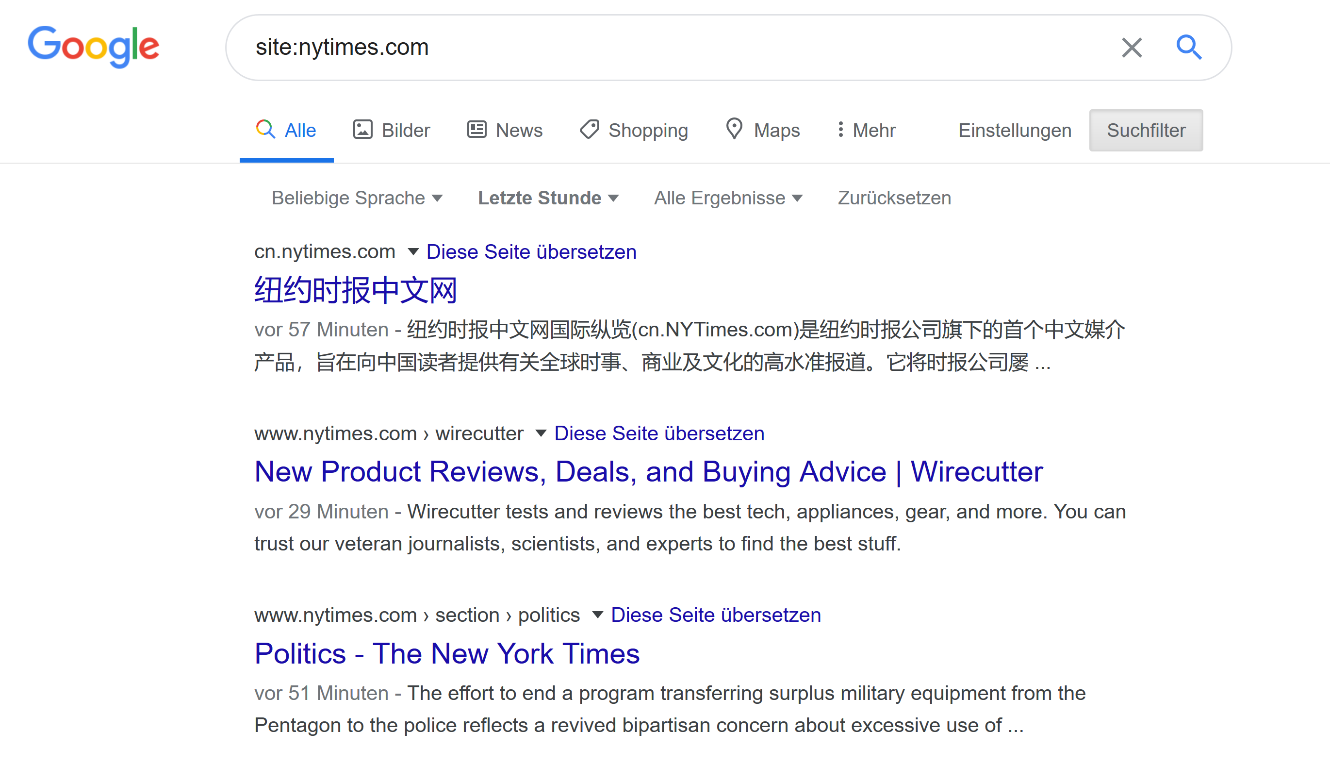 Google: Beispiel für nicht aktuelle Ergebnisse