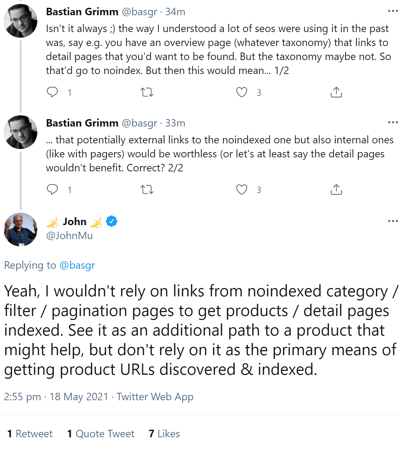Google: Übersichts- und Kategorieseiten sind keine verlässlichen Linkgeber, wenn sie auf 'noindex' stehen.